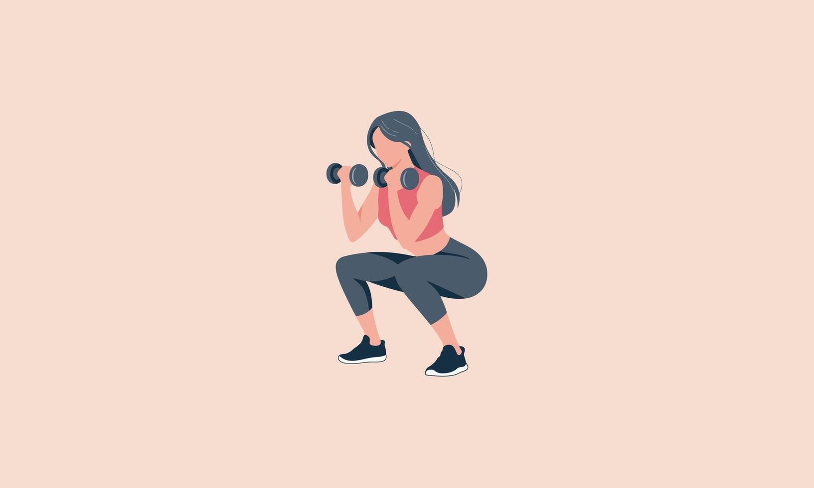 A woman doing squats while holding dumbbells during a workout. vector