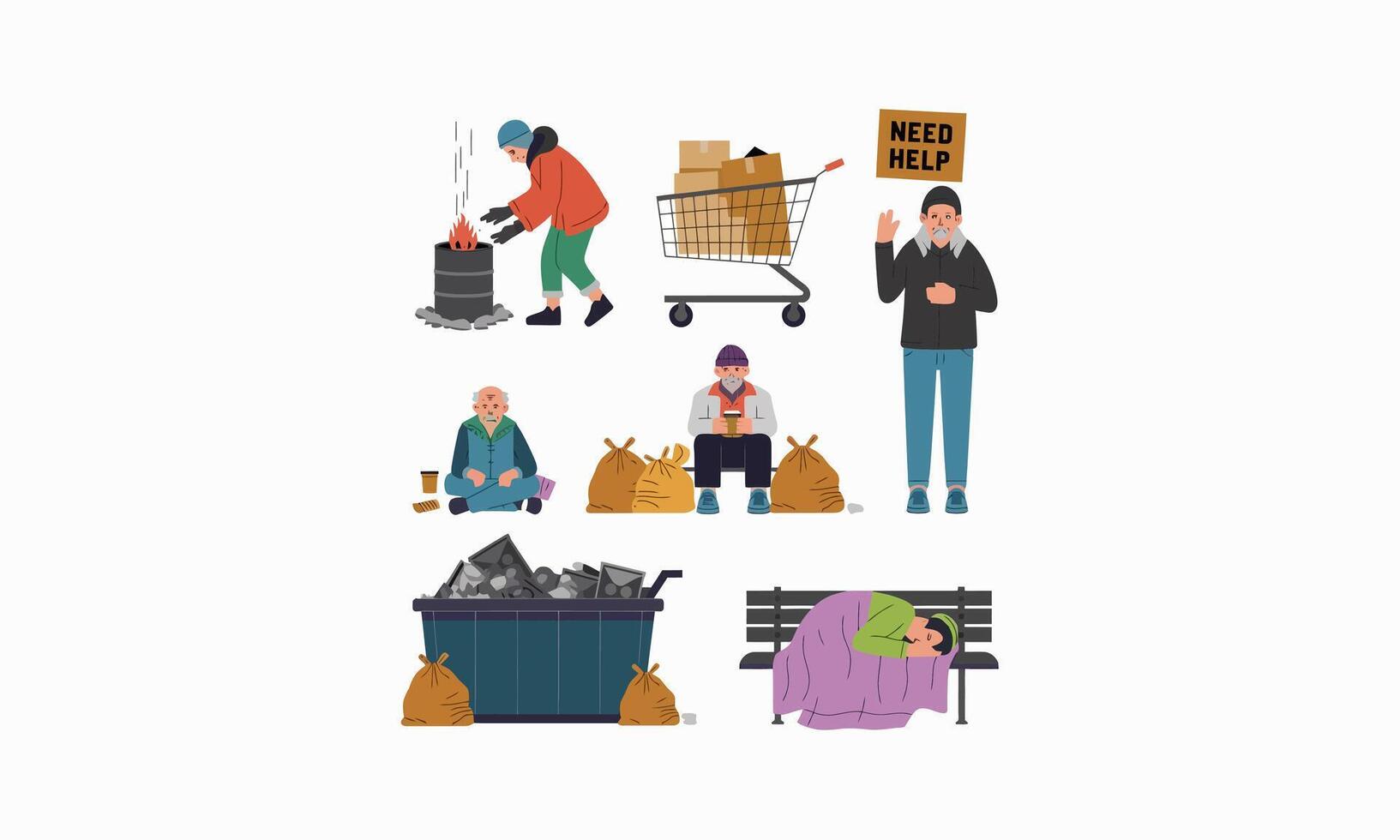 Various homeless people with signs, carts, and fire for warmth. vector