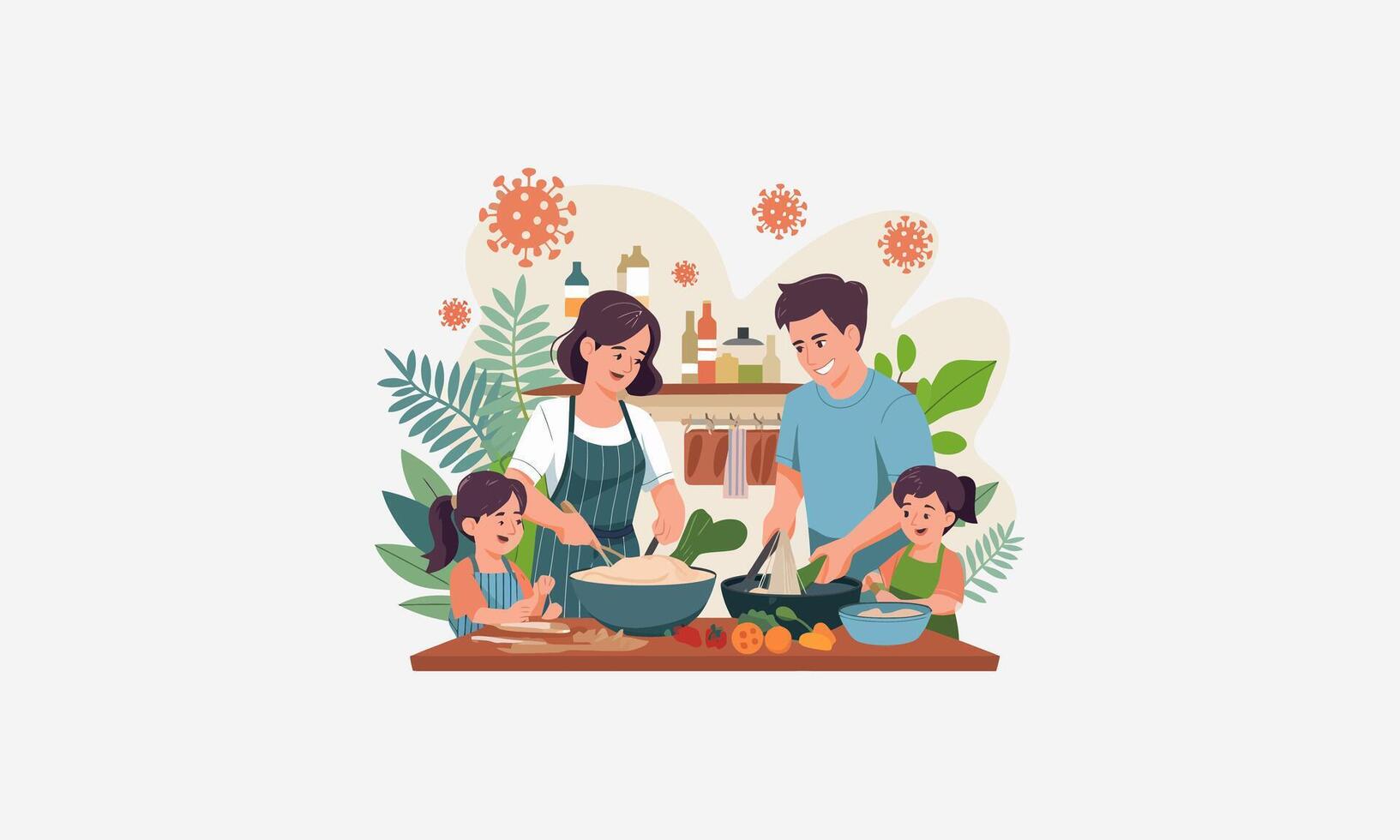 A family cooking together in the kitchen during pandemic times. vector