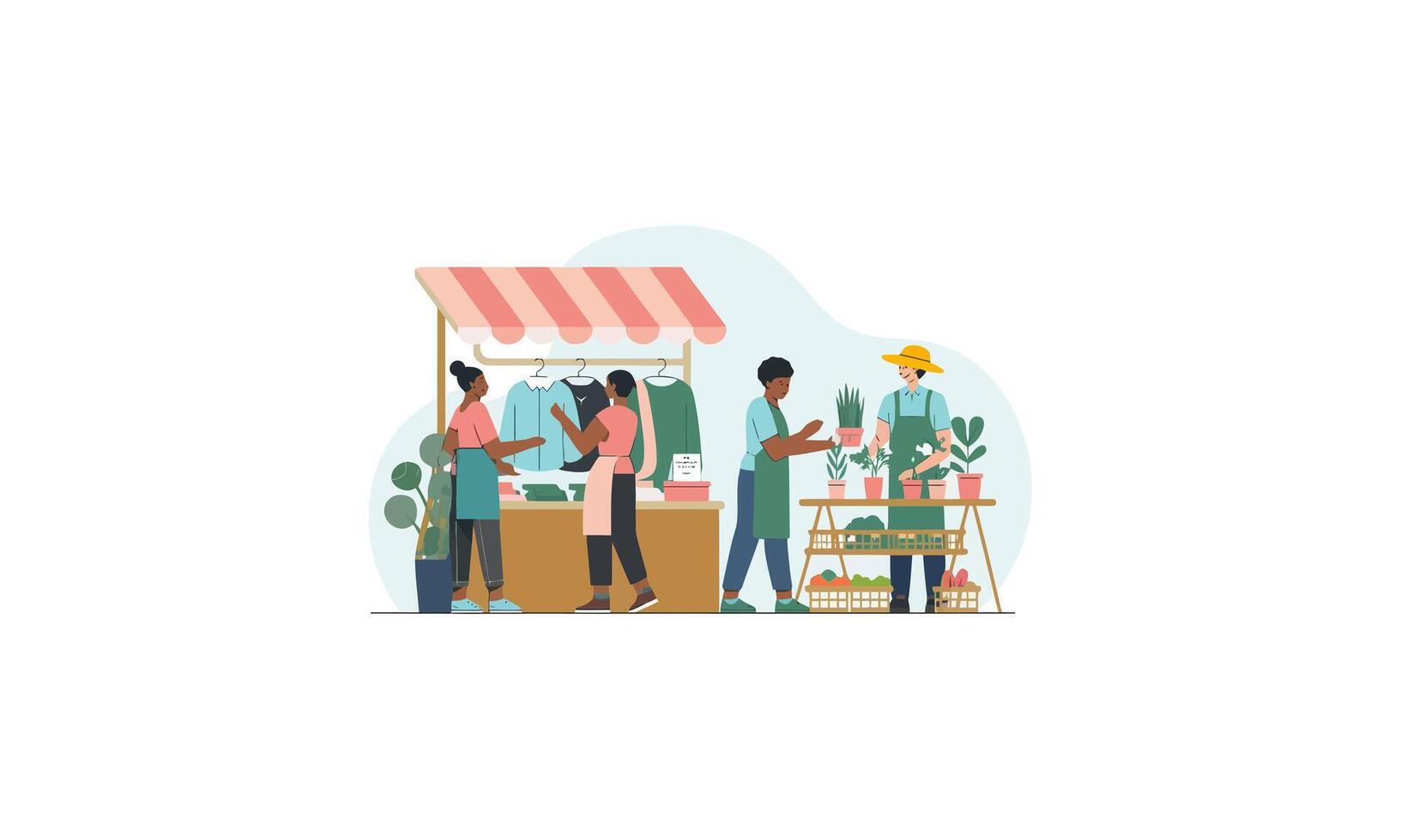 people at a marketplace, selling plants and clothes. vector