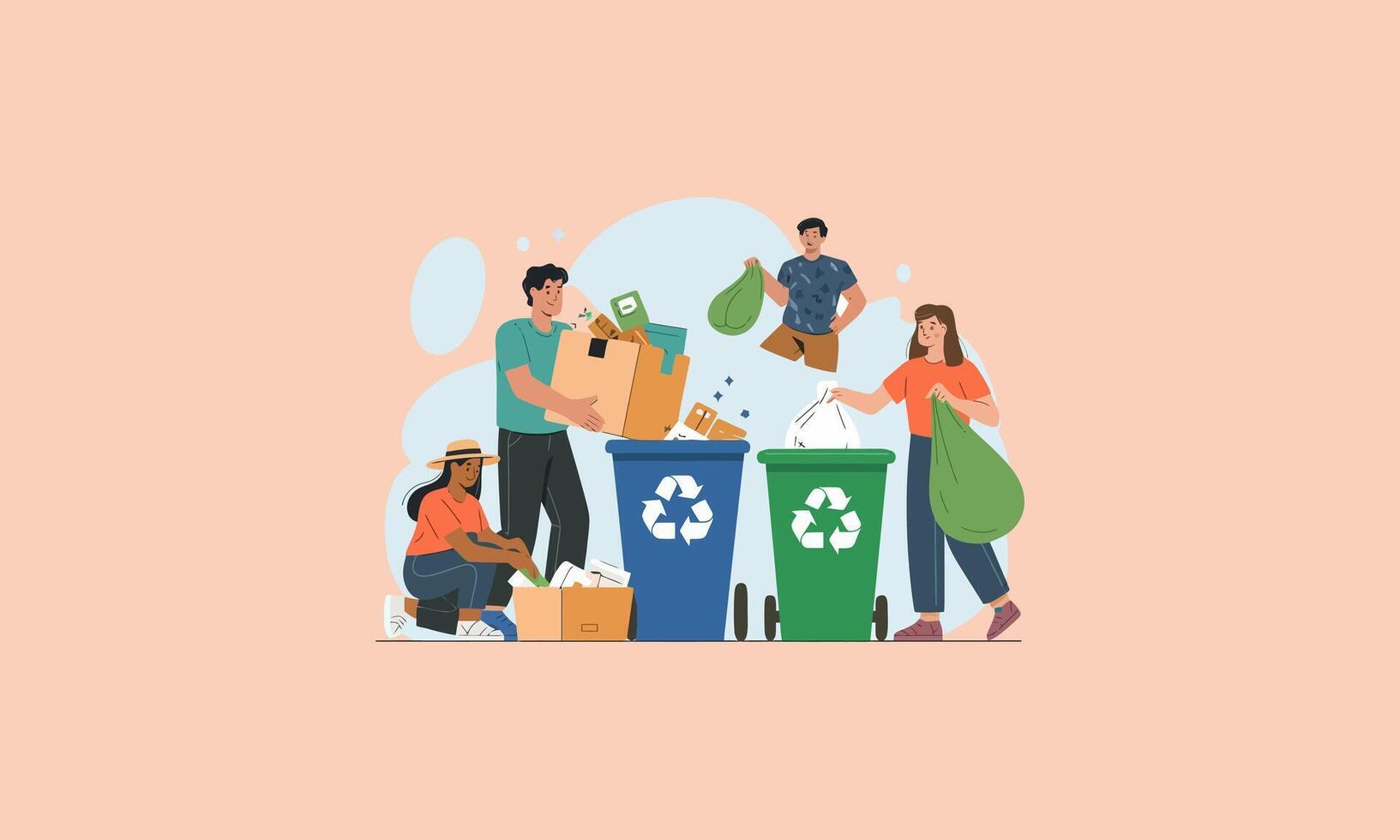 Group of people recycling trash into bins for environmental cleanup. vector