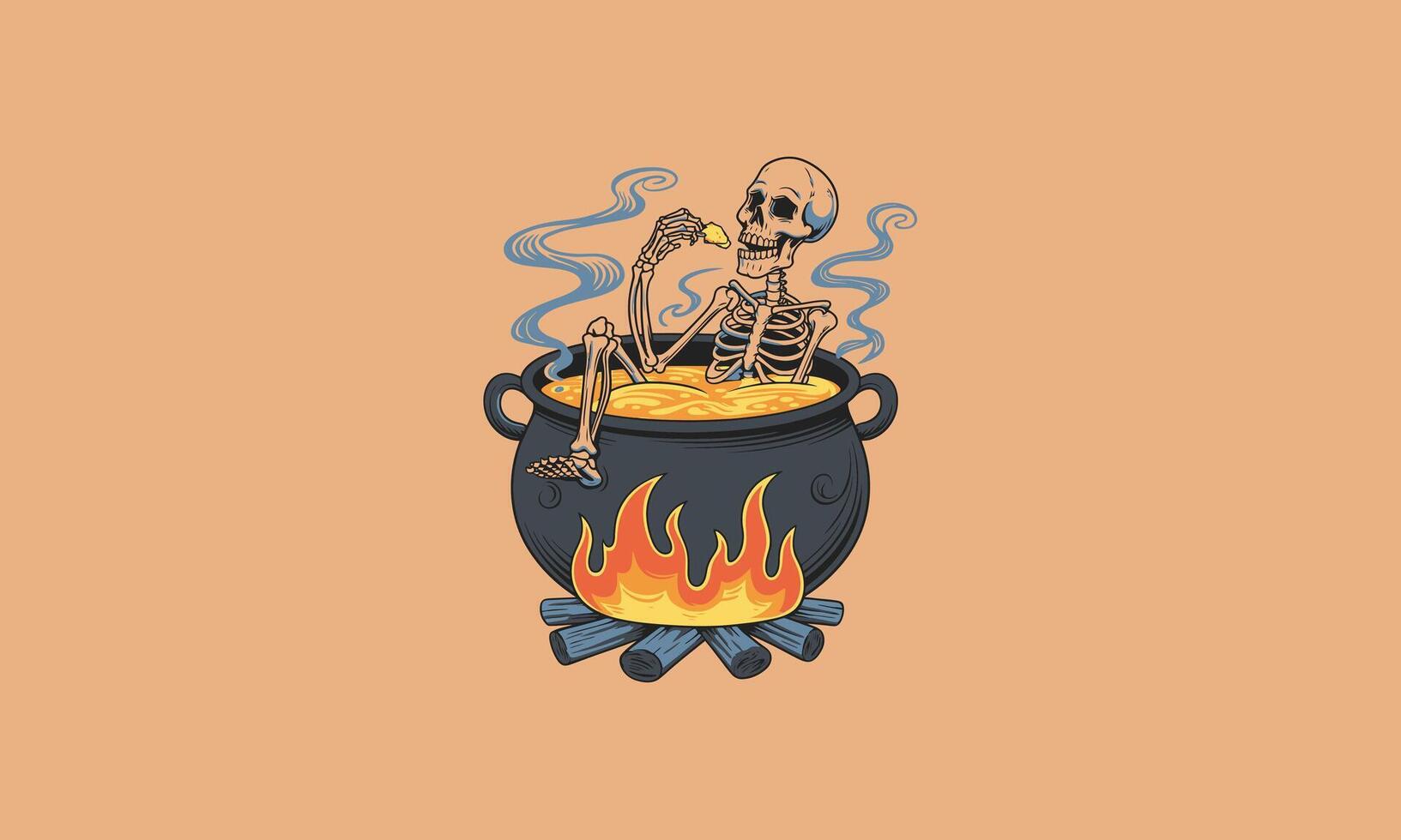 Skeleton sitting in a boiling cauldron over a fire, relaxed. vector
