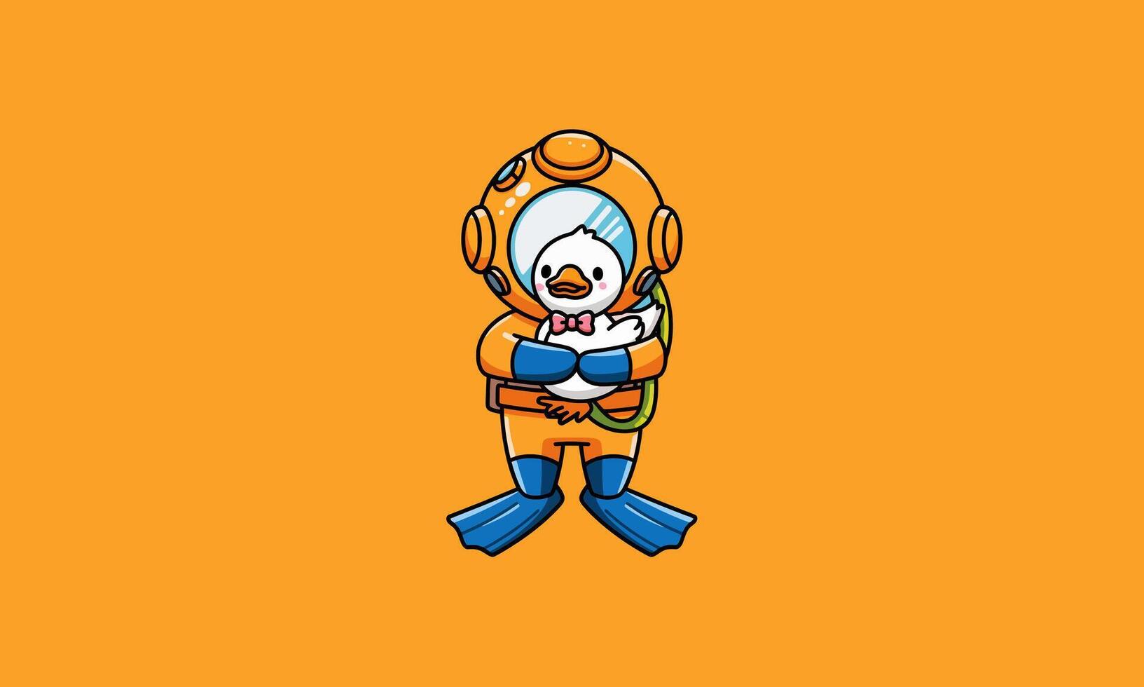 Diver holding a cute duck underwater with seaweed background. vector