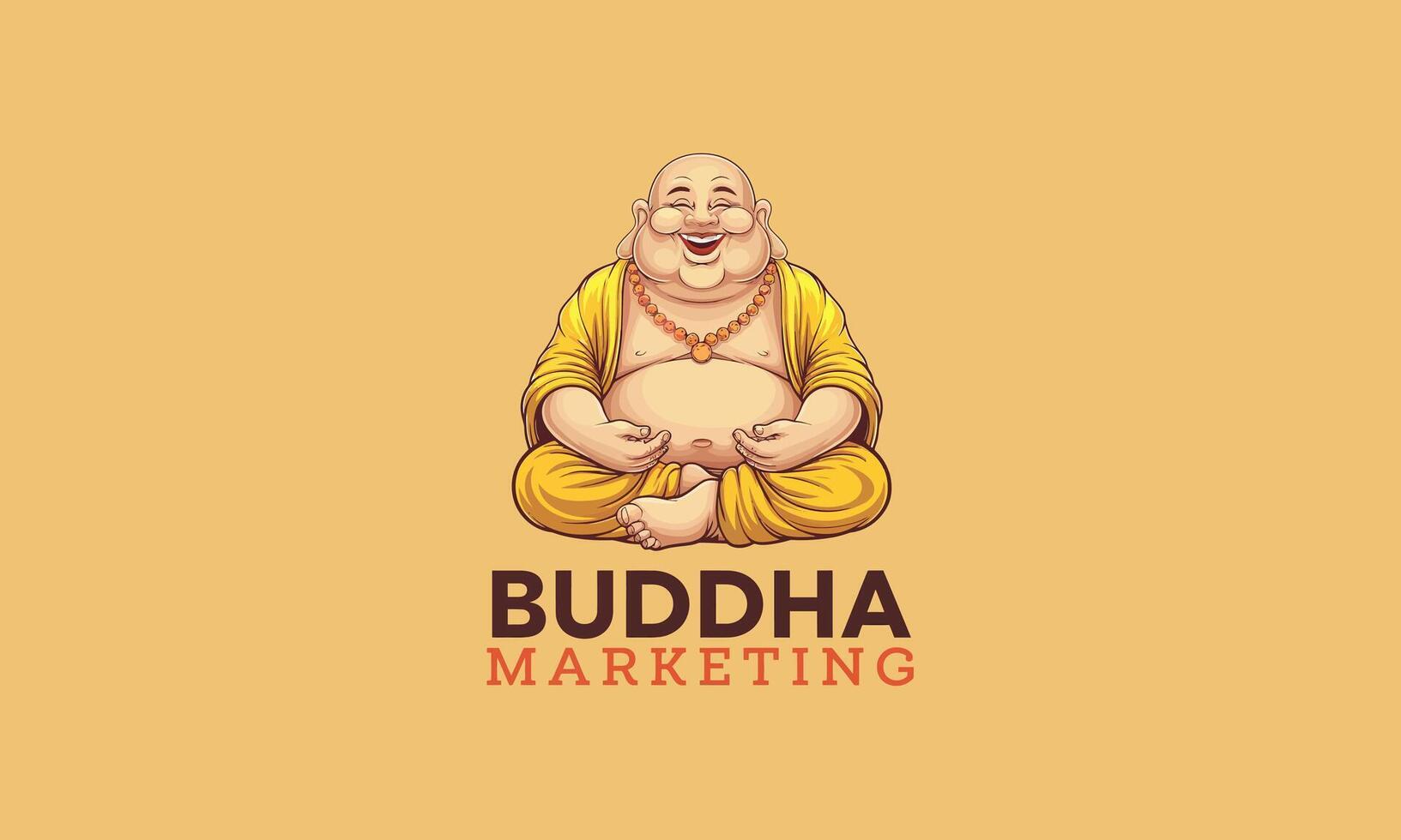 Smiling Buddha sitting in a meditative pose, wearing yellow robes. vector