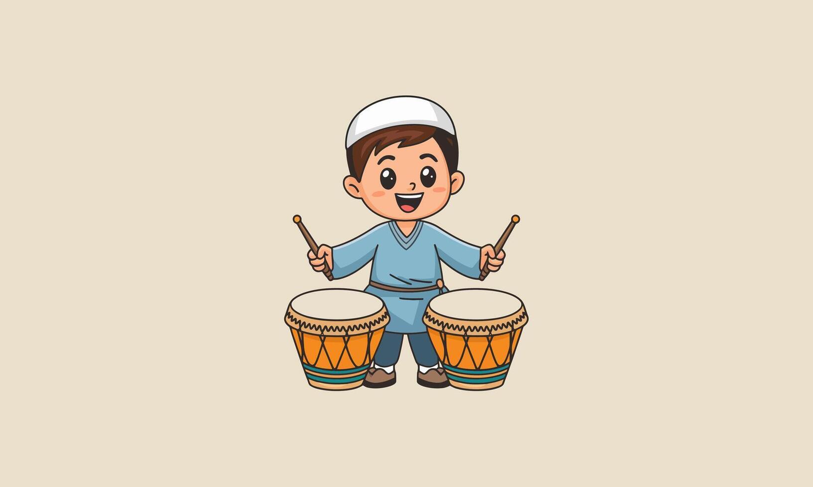 A boy playing two drums, wearing traditional Islamic clothes, smiling happily vector