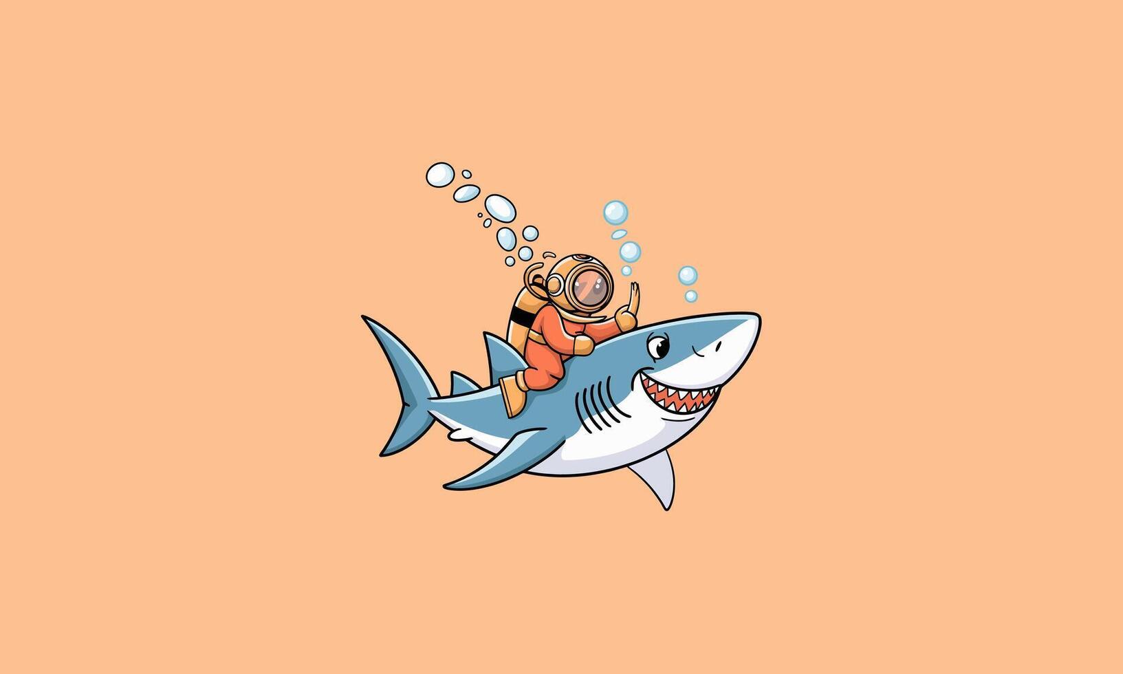 A diver is riding a friendly shark under the sea. vector