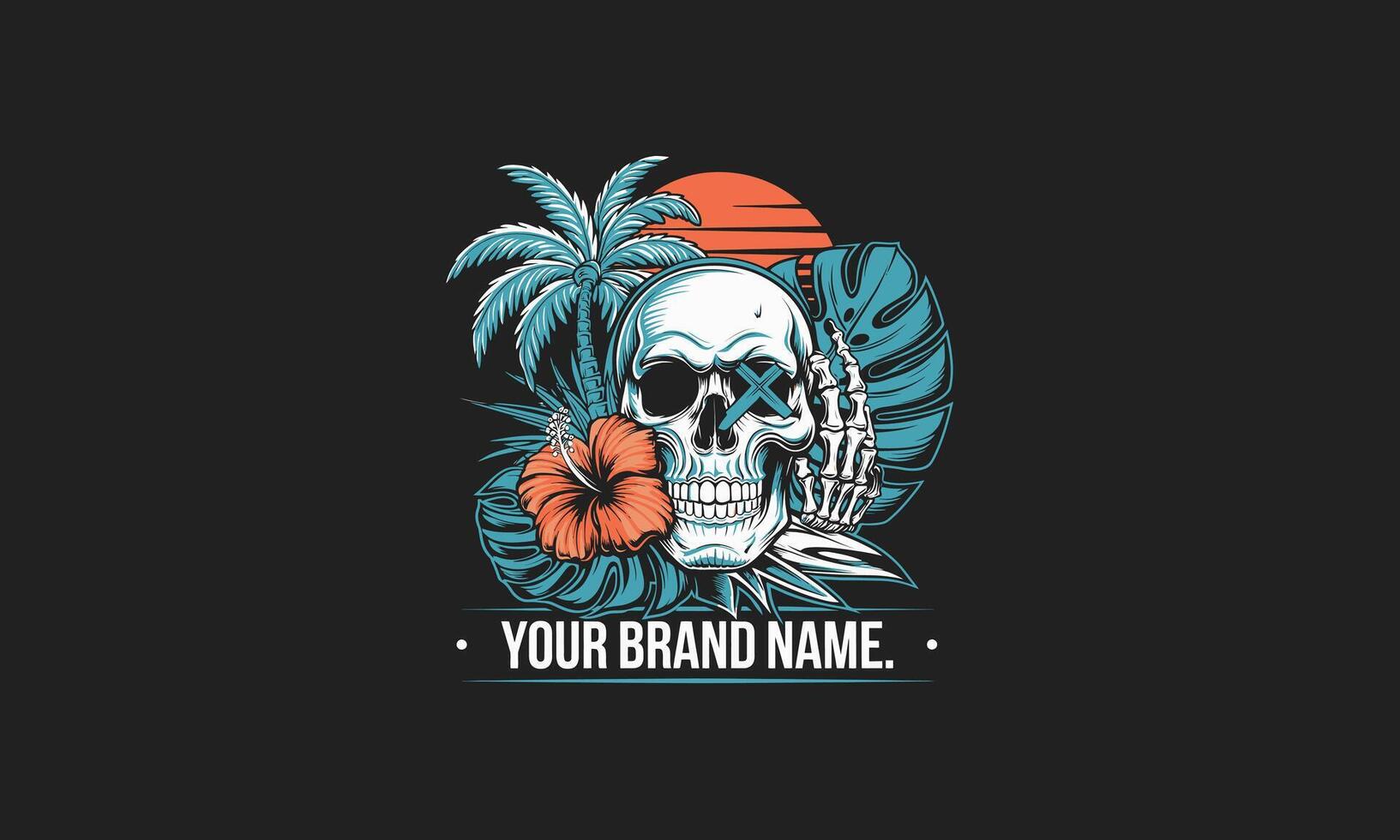 A tropical themed design featuring a skull surrounded by palm trees, leaves, and flowers. vector