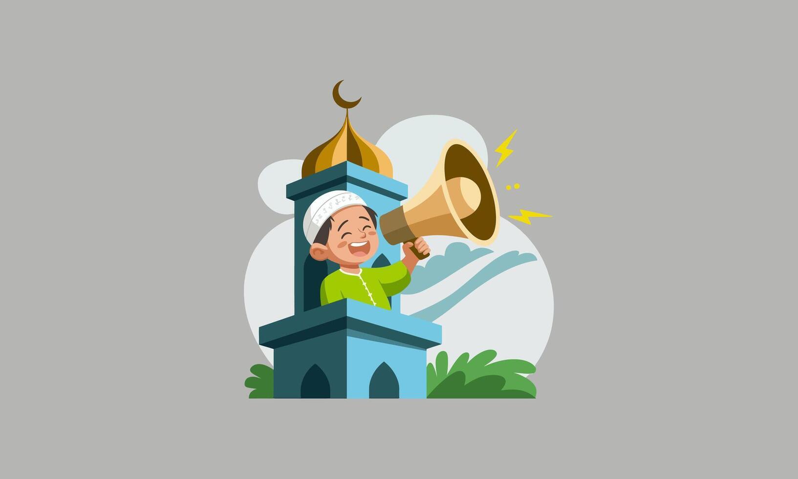 of a smiling boy calling to prayer from a minaret vector