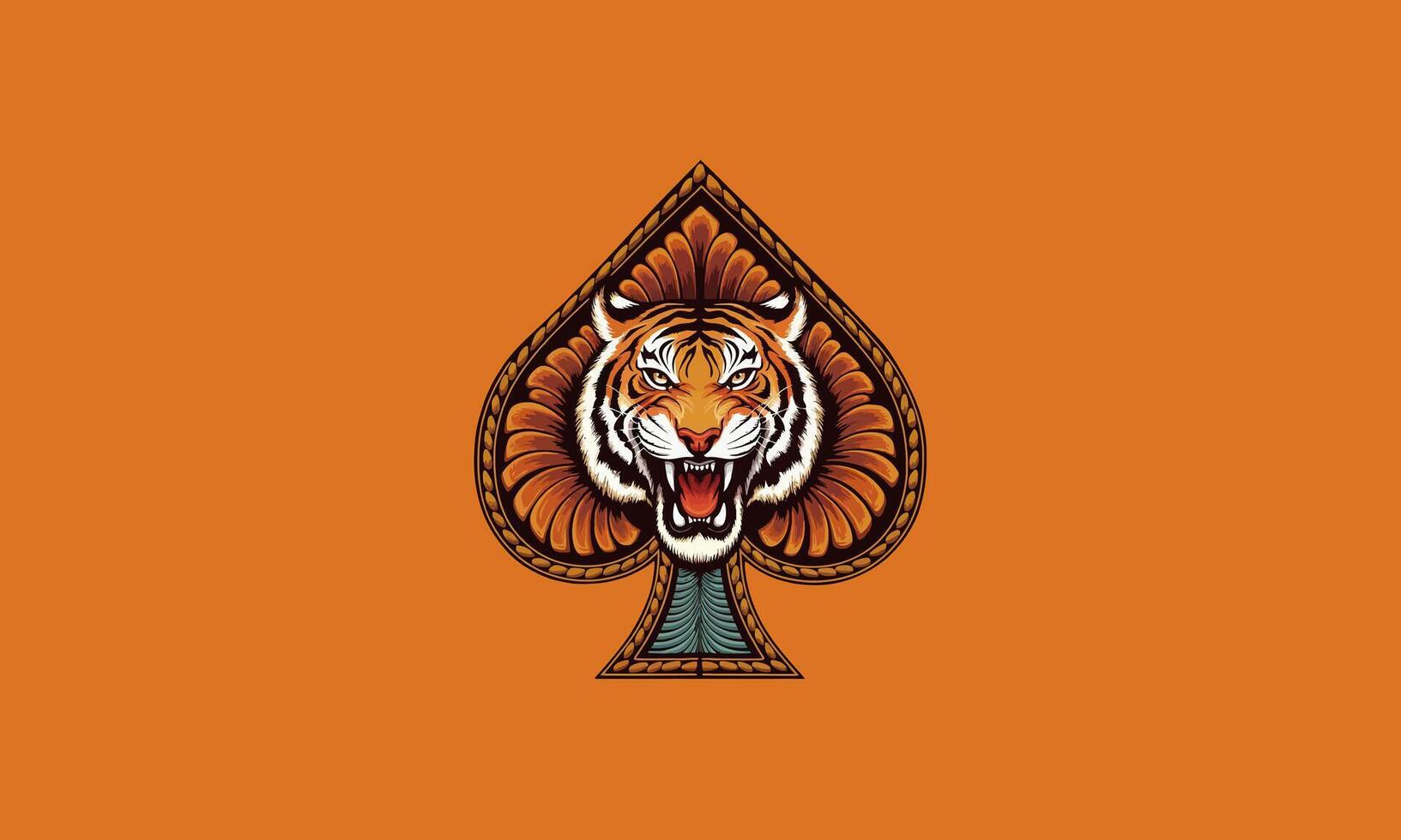 Fierce tiger head inside a spade symbol on an orange background. vector