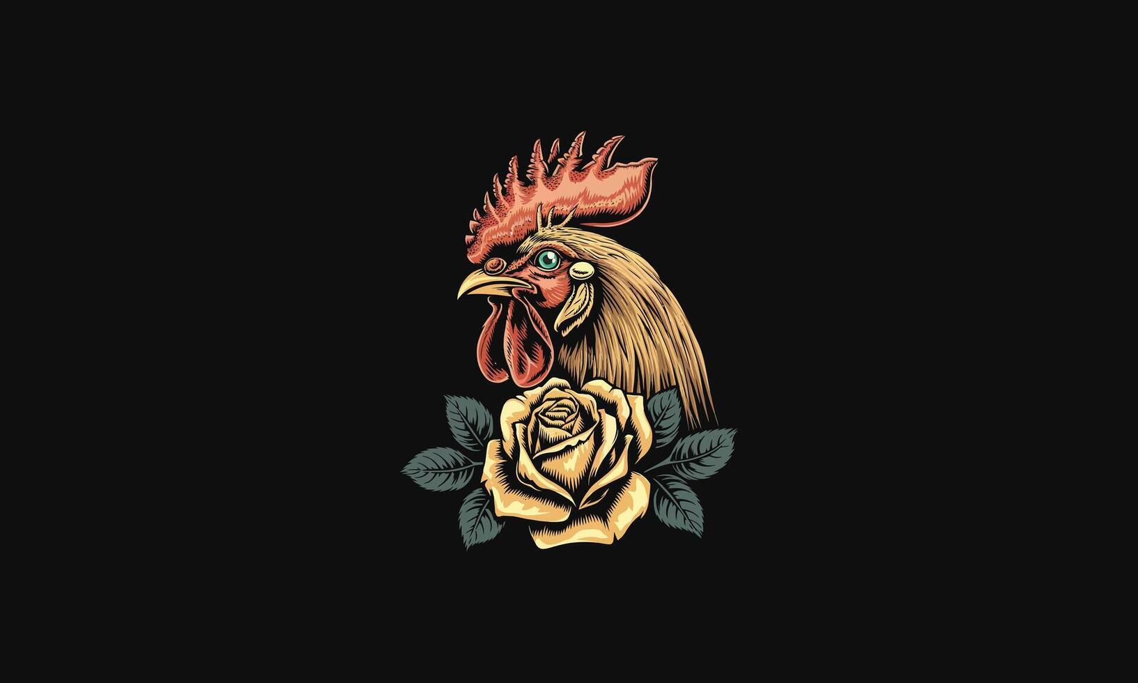 Rooster head with a yellow rose and green leaves beneath it. vector