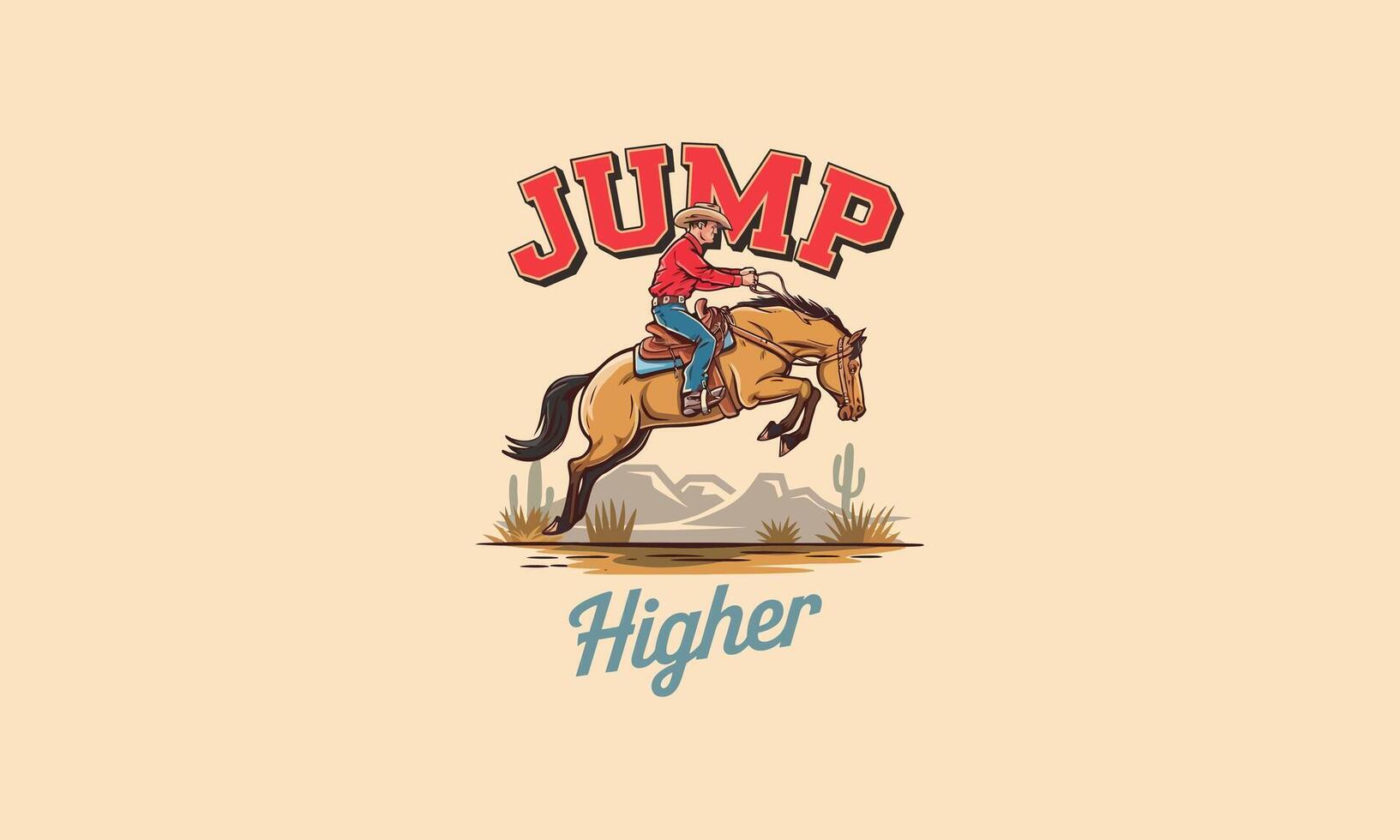 Cowboy riding a horse, jumping over obstacles in the desert. vector