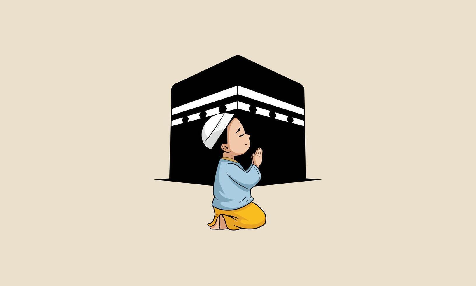 happy boy sitting with a goat in front of the Kaaba vector