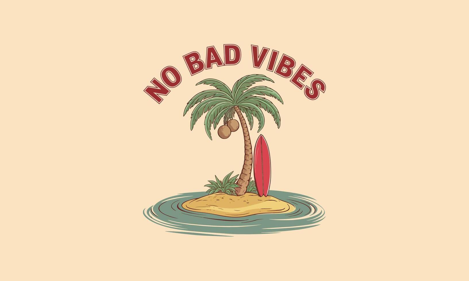 Tropical island with a palm tree and surfboard, promoting positivity. vector