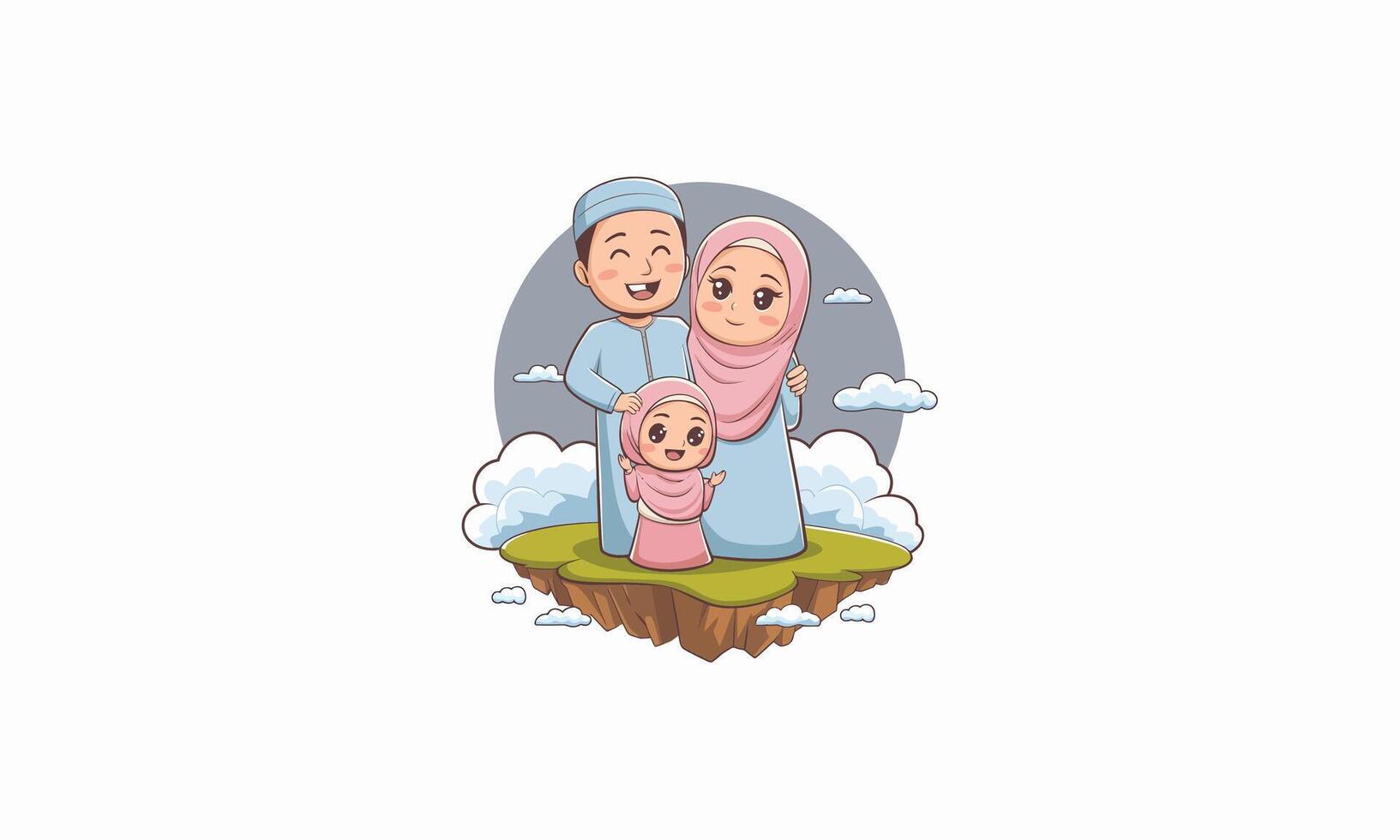 A cheerful Muslim family floating on a small island, smiling together vector