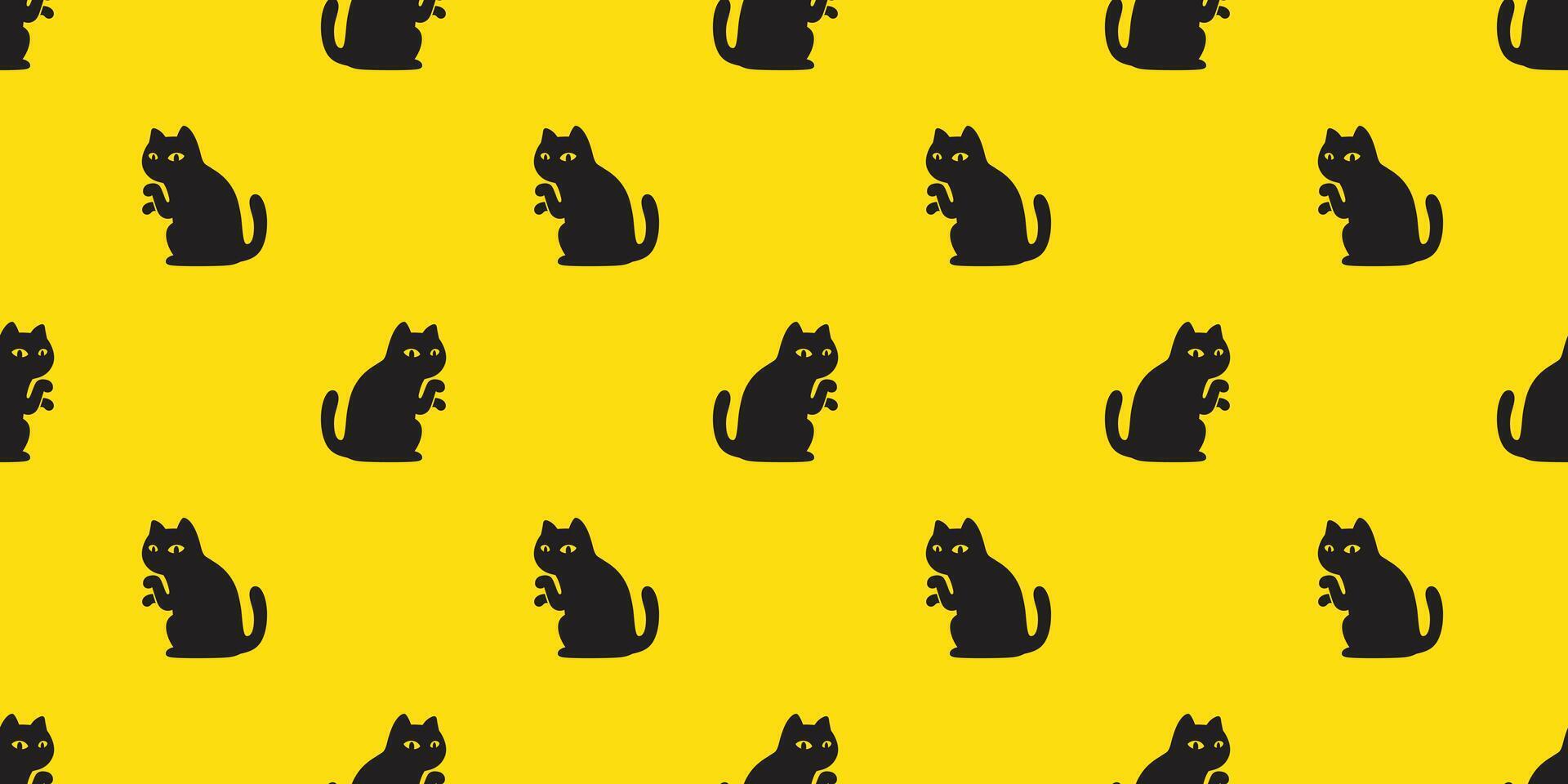 cat seamless pattern black kitten calico sitting gift wrapping paper tile background scarf isolated repeat wallpaper cartoon illustration yellow design vector