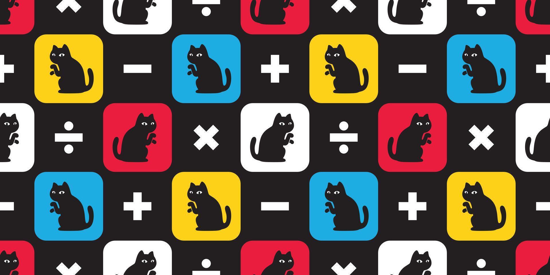cat seamless pattern black kitten calico checked plus minus multiplied divided icon symbol gift wrapping paper tile background scarf isolated repeat wallpaper cartoon illustration design vector