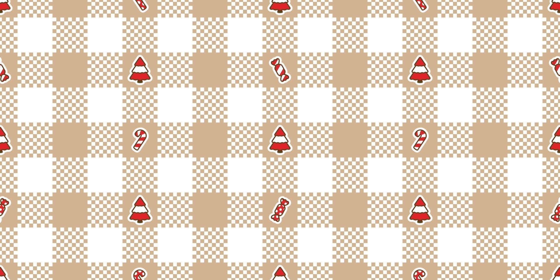 Christmas tree seamless pattern Santa Claus hat candy cane tartan plaid checked snowflake scarf isolated tile background repeat wallpaper illustration gift wrapping paper design vector