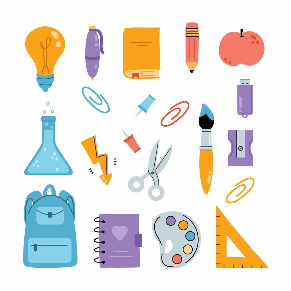 Back to school. Set of illustrations in doodle style. Stickers with stationery vector