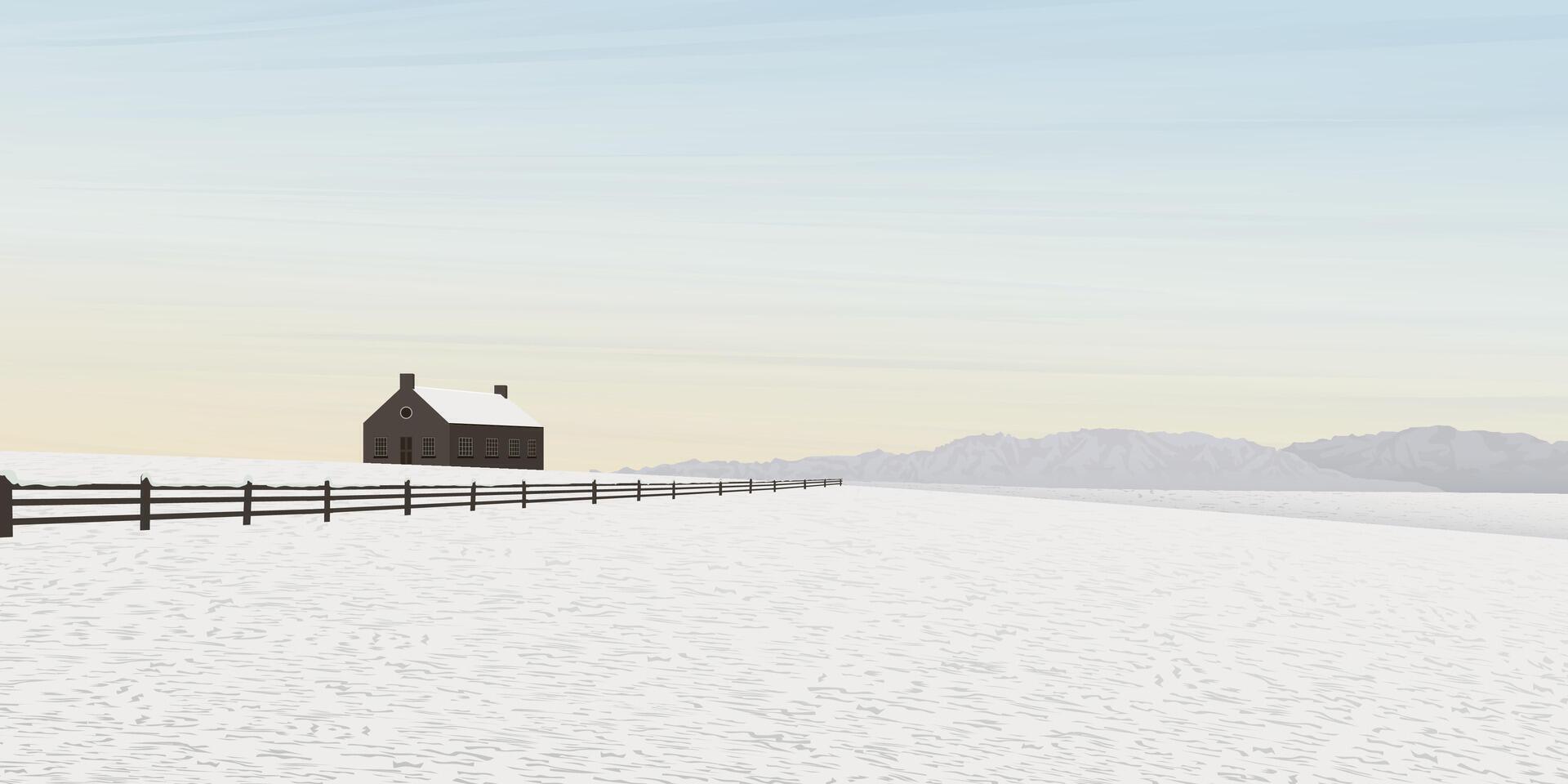 Minimalist snowscape with farmland have mountain ranges and vanilla sky background graphic illustration. vector