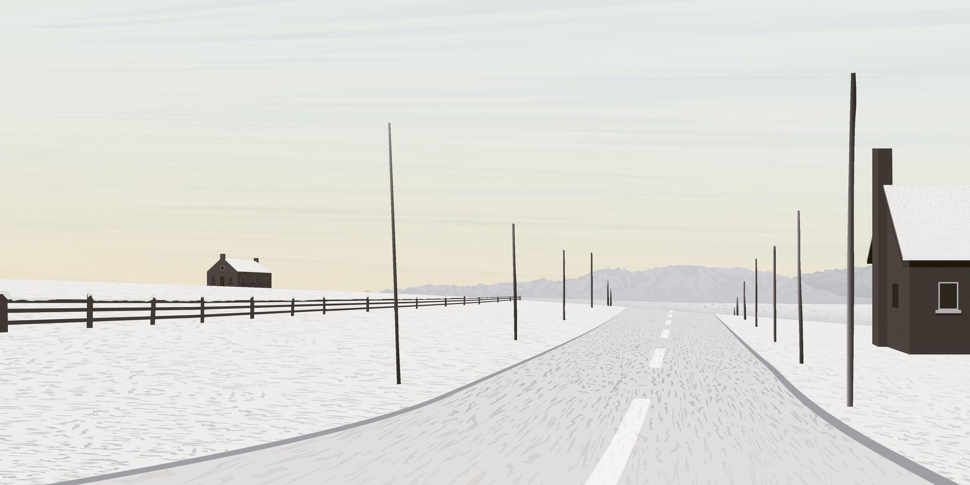 Minimalist countryside landscape in winter season have local road through the small town with vanilla sky background graphic illustration. vector