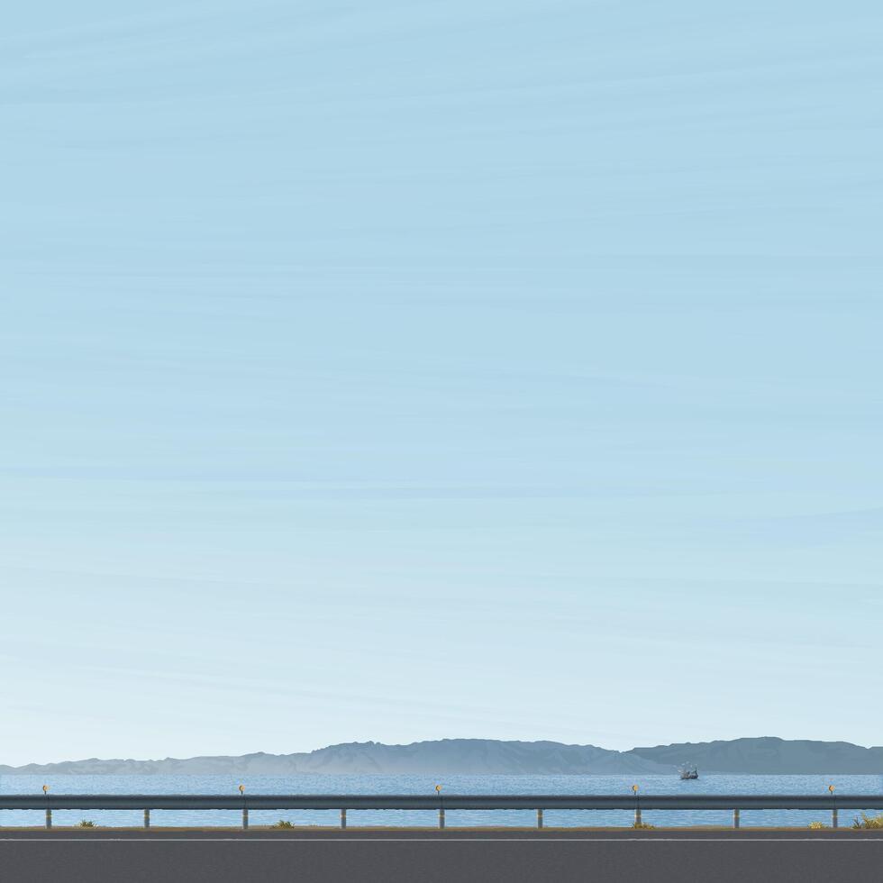 Minimalist seaside landscape with beach road have mountain ranges and blue sky square background graphic illustation. vector