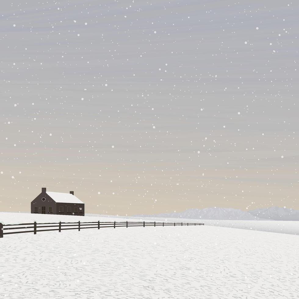 Snowfall in minimalist snowscape with farmland have mountain ranges and vanilla sky square background graphic illustration. vector