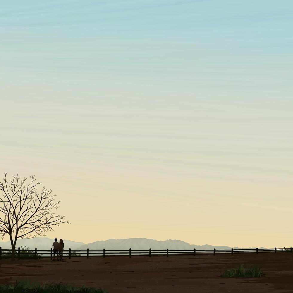 Silhouette couple of lover at cliff of countryside landscape in autumn season have mountain ranges with vanilla sky square background graphic illustration. vector