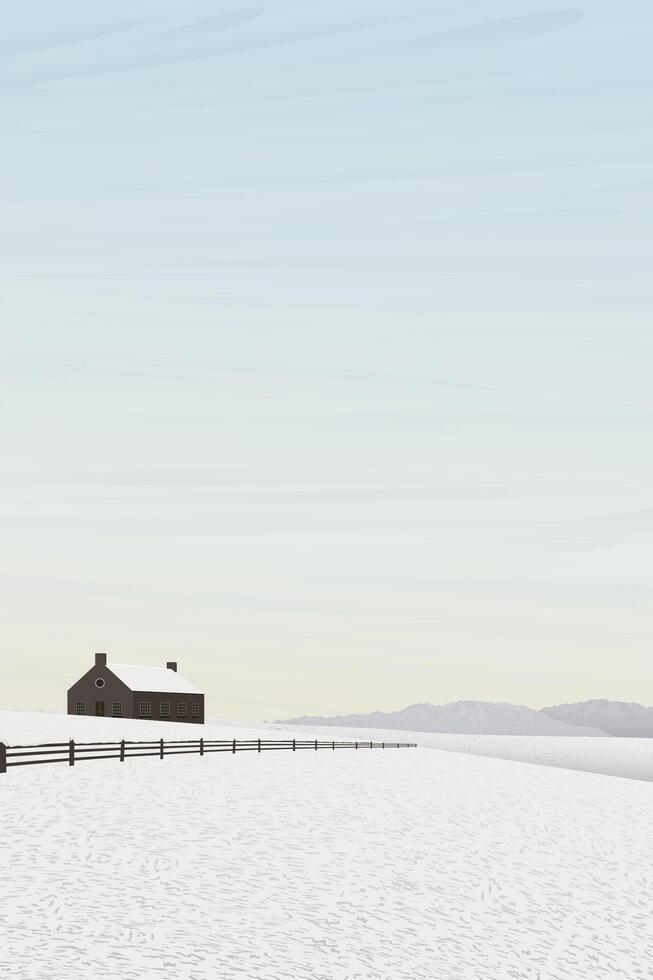 Minimalist snowscape with farmland have mountain ranges and vanilla sky vertical background graphic illustration. vector