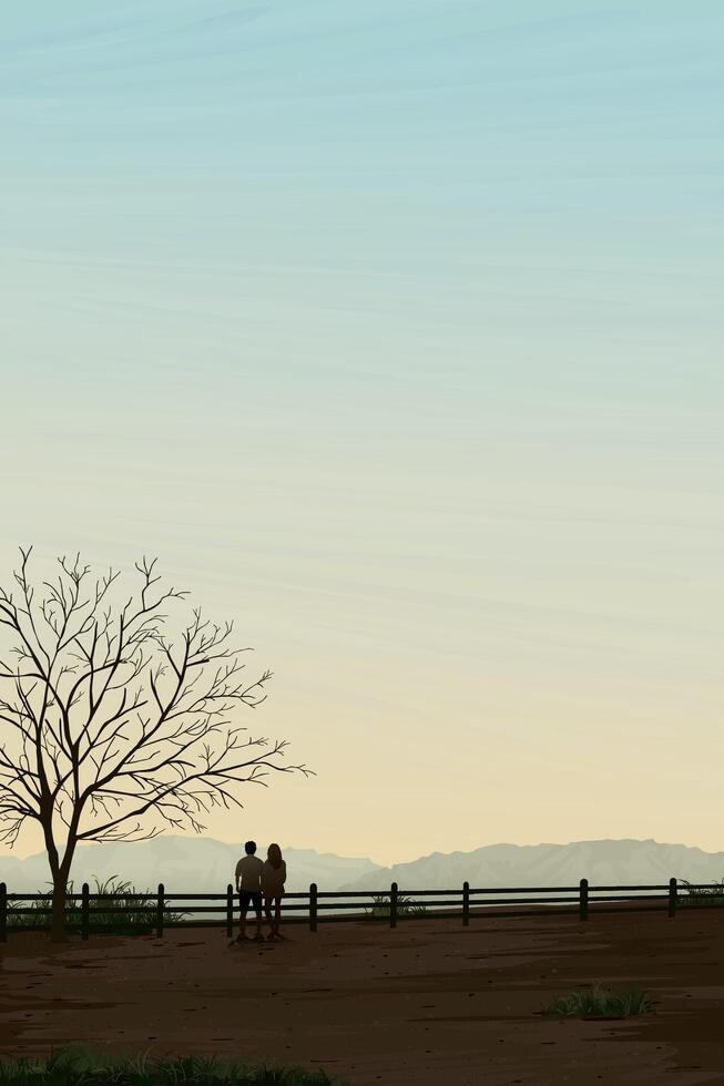 Silhouette couple of lover at cliff of countryside landscape in autumn season have mountain ranges with vanilla sky vertical background graphic illustration. vector