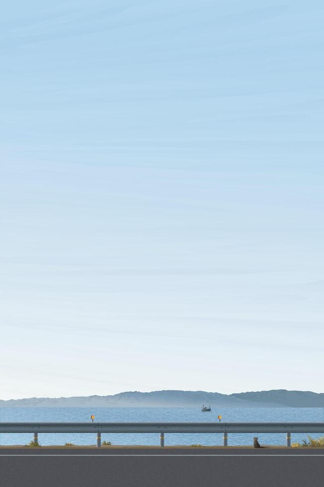 Minimalist seaside landscape with beach road have mountain ranges and blue sky vertical background graphic illustation. vector