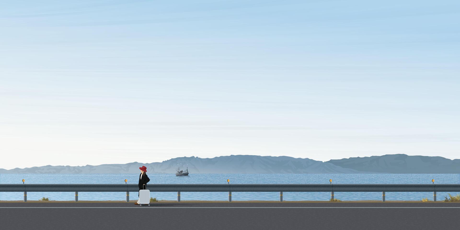 Minimalist seaside landscape winter season have a woman dragging a suitcase walks along beach road graphic illustation. vector