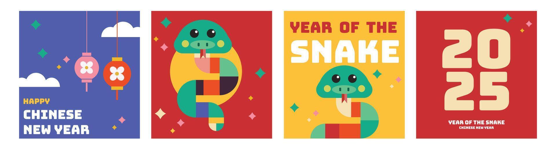 happy new year 2025, chinese new year 2025, year of the snake, modern flat geometric style, chinese zodiac snake, Set of 2025 new year design vector