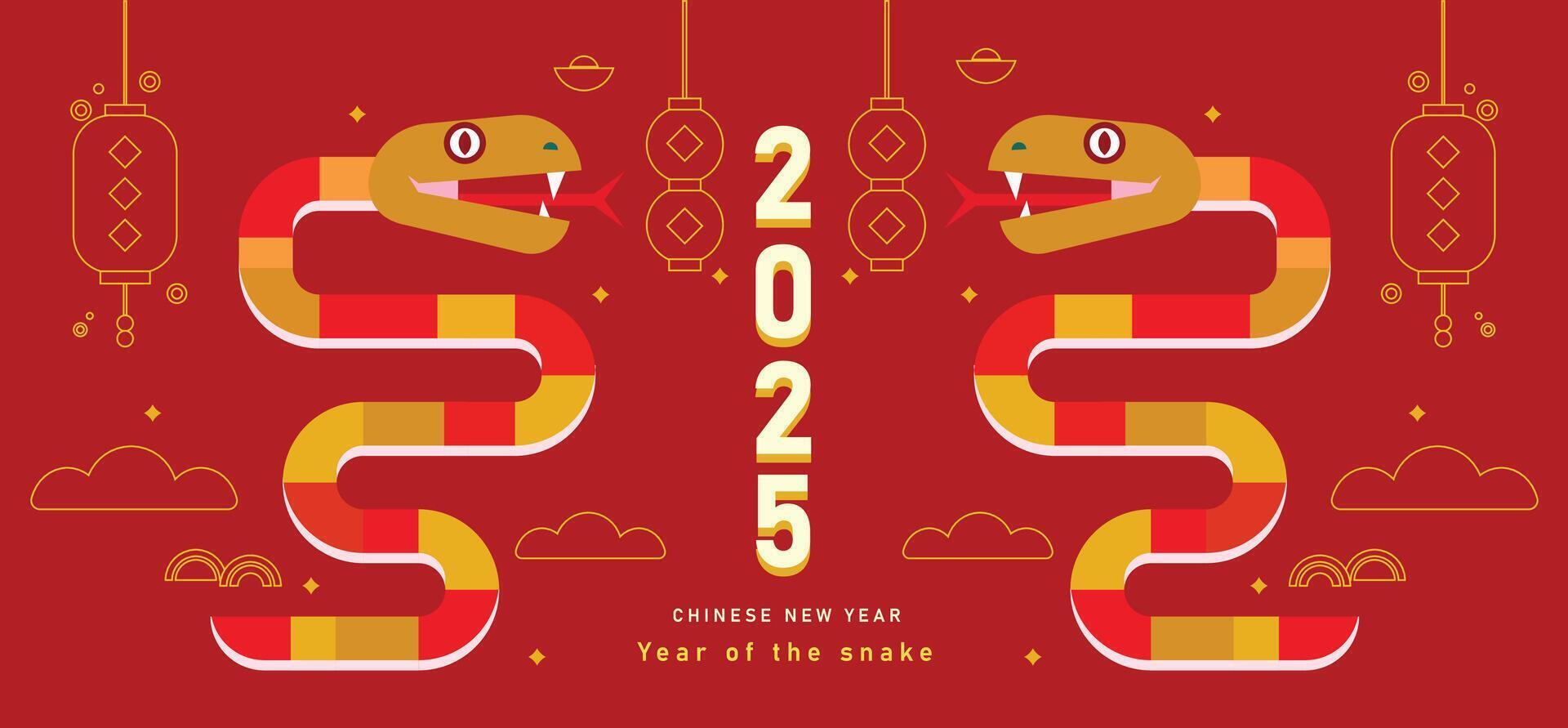Chinese New Year 2025 greeting card or banner design with two snakes and Chinese decorative elements vector
