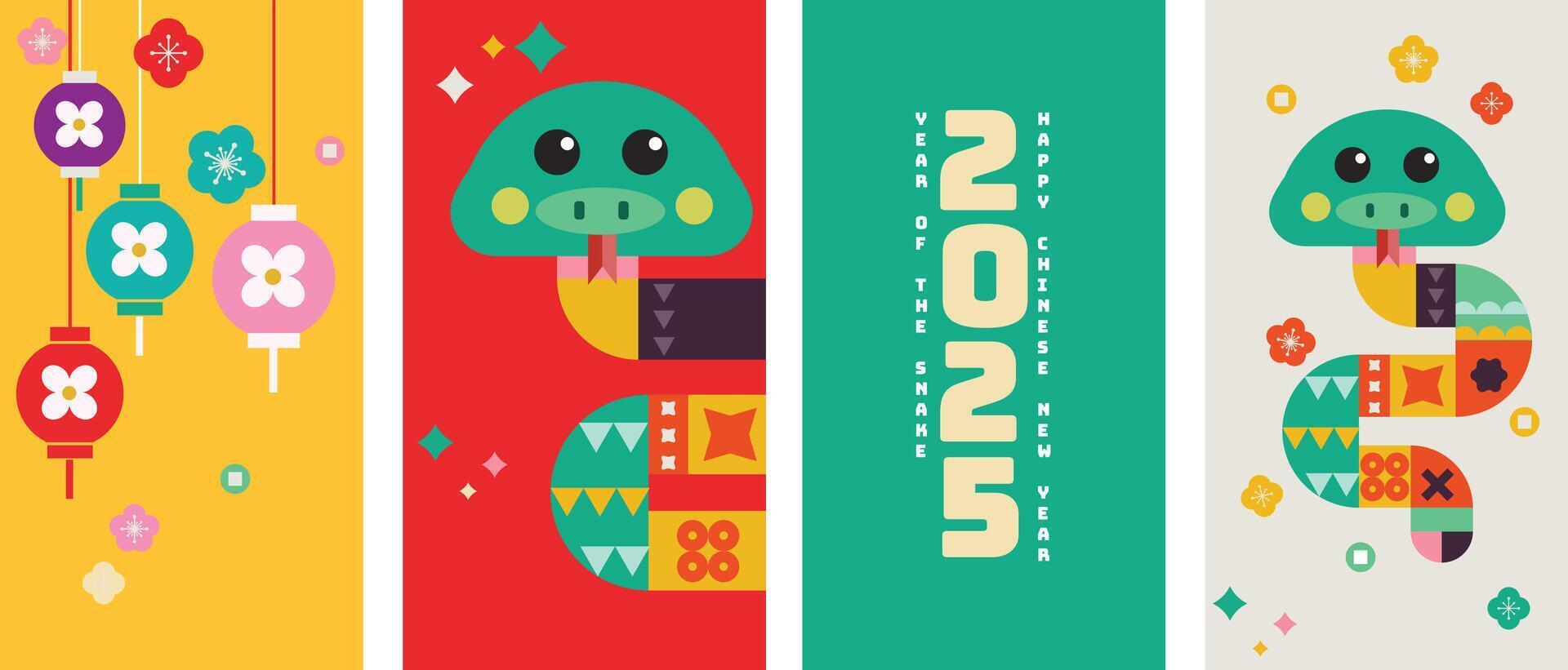 Chinese New Year 2025, the year of the snake, red and gold line art characters, Happy new year 2025. Set of 2025 new year square template for calendar, cover, card and media post template vector