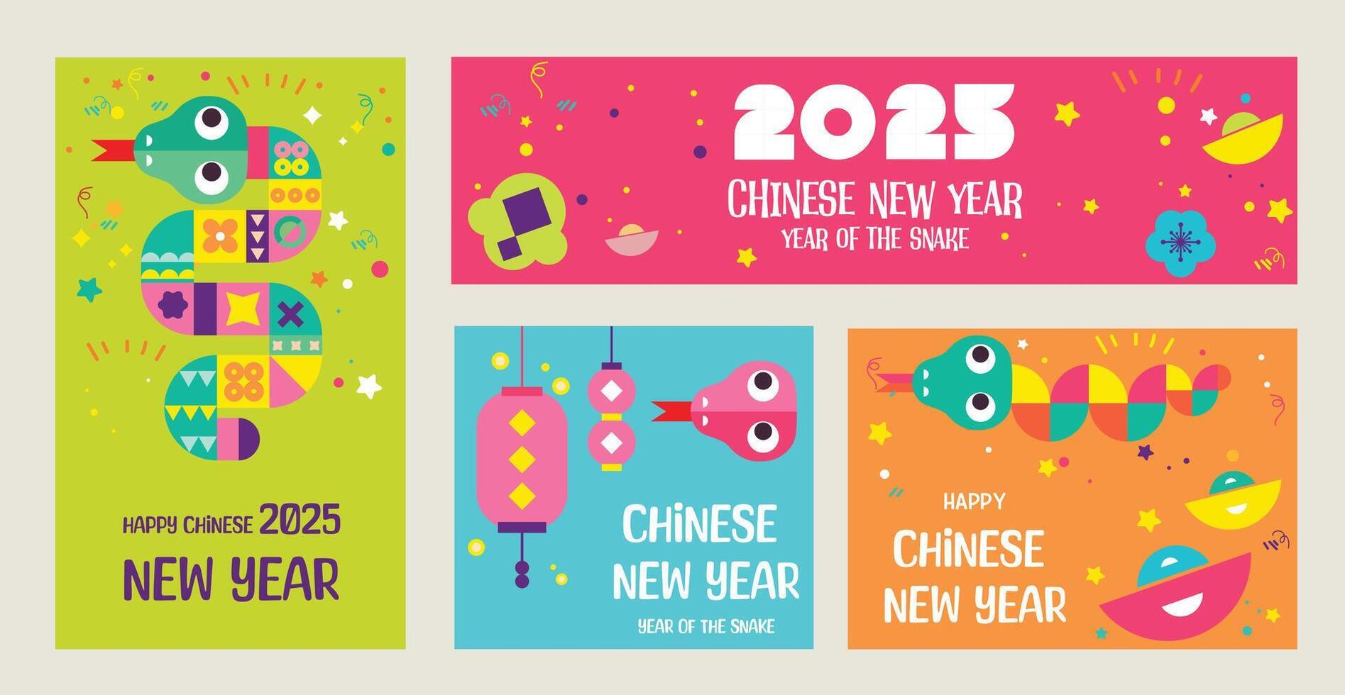 Happy Chinese New Year 2025 card for 2025 Year of the Snake, Cute and modern New Year's card for 2025 Year of the Snake vector