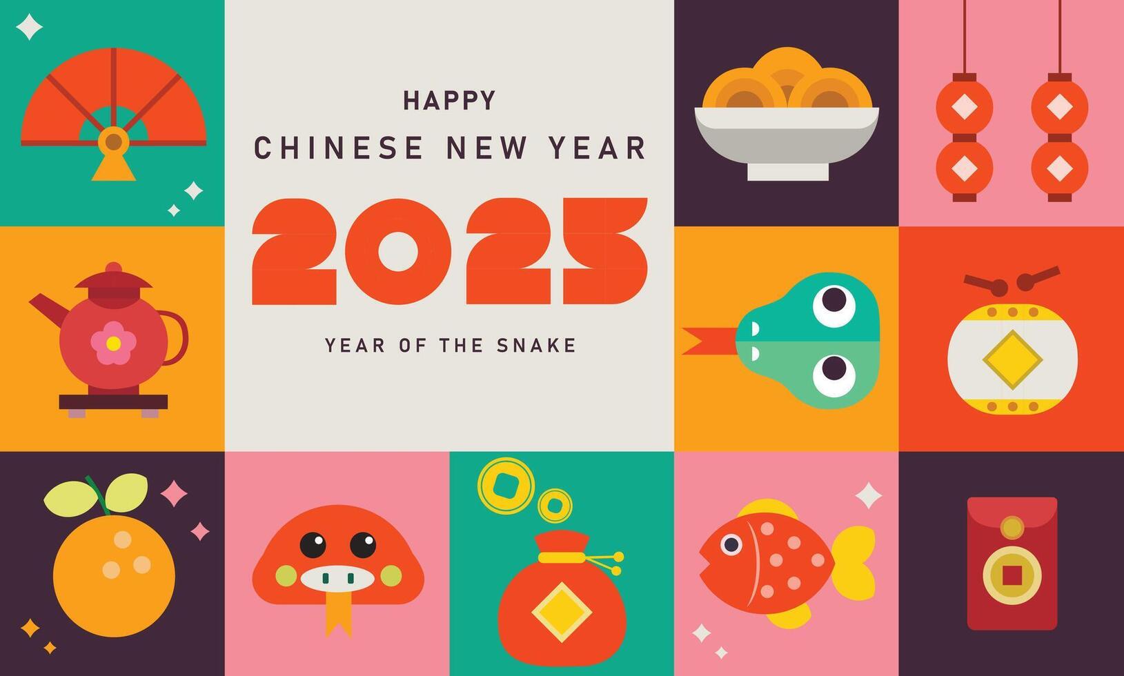 happy new year 2025, chinese new year, year of snake Modern minimalist geometric style Chinese new year elements. Colorful illustration in flat cartoon style, in geometric patterns vector