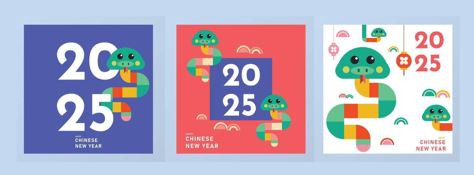 Chinese New Year 2025 modern art design Set for branding covers, cards, posters, banners. Chinese zodiac snake symbol. Hieroglyphics mean wishes of a Happy New Year and symbol year of the snake vector
