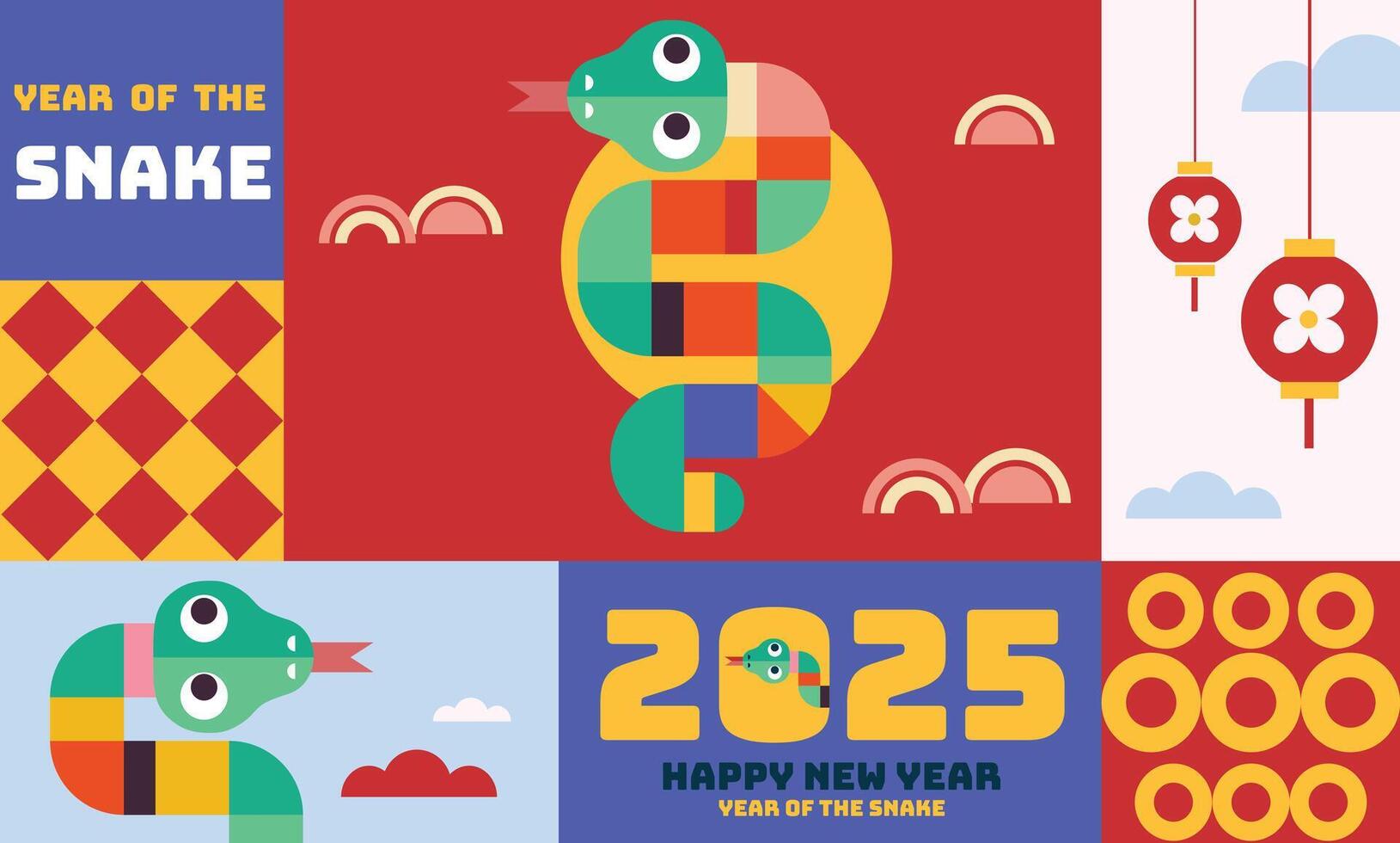 Chinese New Year 2025 modern art design in red, gold and white colors for cover, card, poster, banner with trendy geometric pattern. Hieroglyphics mean Happy New Year and symbol of of the Snake vector