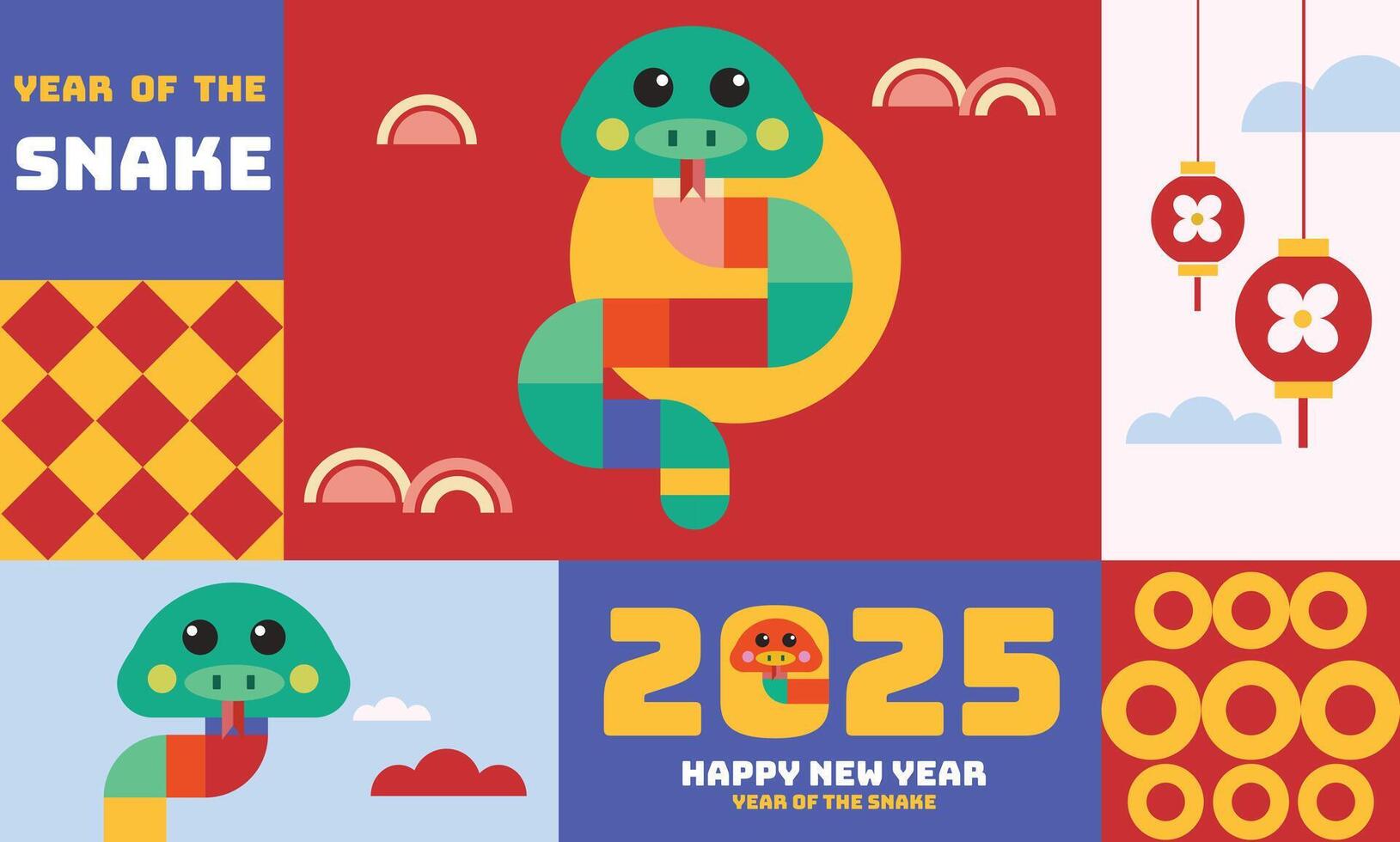 2025 Chinese New Year, year of the Snake. Chinese zodiac snake in geometric flat modern style. vector