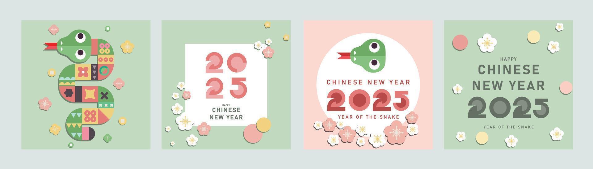 Happy Chinese New Year 2025. Chinese snake zodiac sign on green red background for card design. Chinese animal lunar calendar. vector
