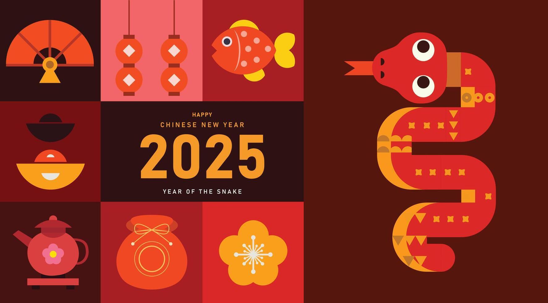2025 Chinese new year elements in modern minimalist geometric style. Colorful illustration in flat cartoon style. snake in geometrical patterns. vector