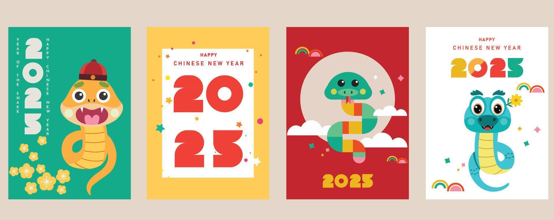 Happy New Year 2025, Chinese New Year, Year of the Snake Modern minimalist geometric style Chinese New Year elements. Colorful illustration in flat cartoon style, in geometric patterns vector