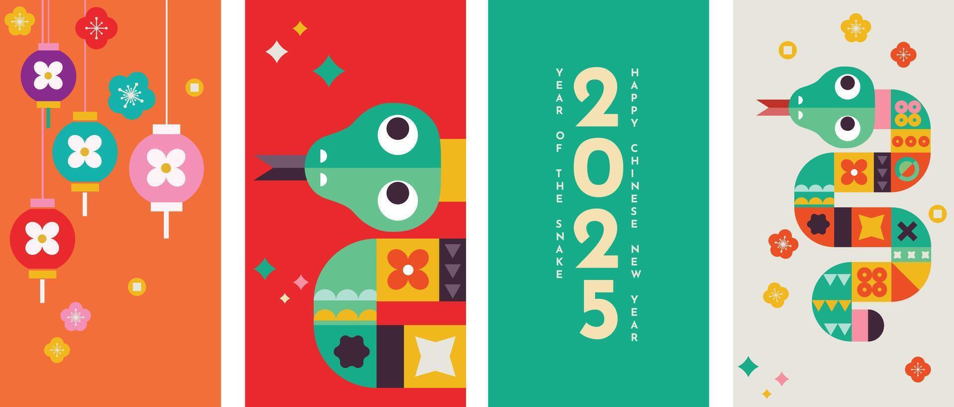 Happy chinese new year 2025 the snake zodiac sign with flower,lantern,asian elements snake red and yellow paper cut style on color background. vector