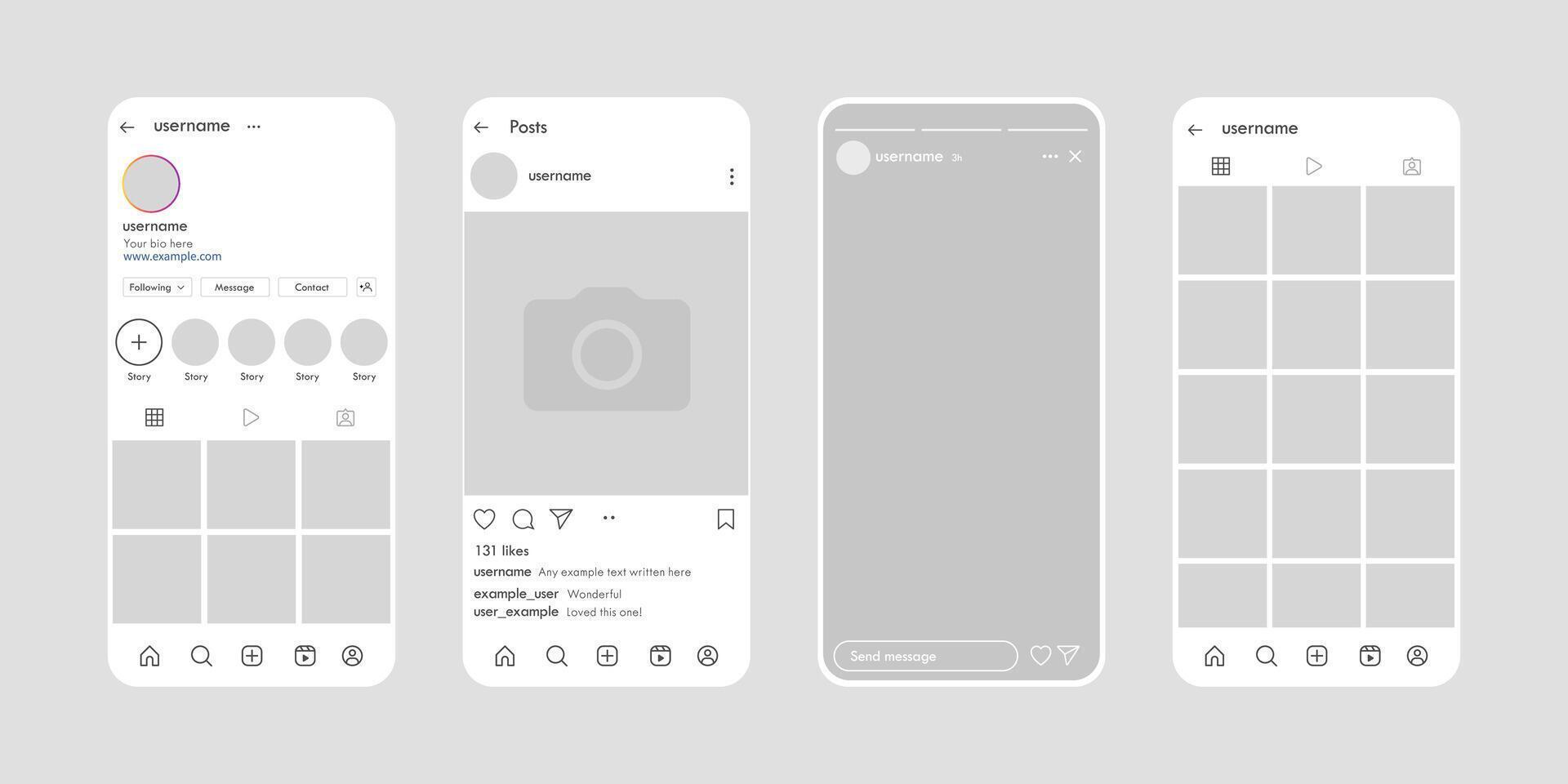 Social network app interface mockup design. Modern social media platform profile story layout template vector