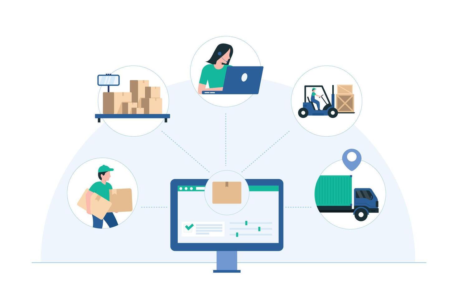 Warehouse Inventory Control System and Technology. Illustration highlighting advanced systems for inventory management, tracking, and logistics. Illustration vector