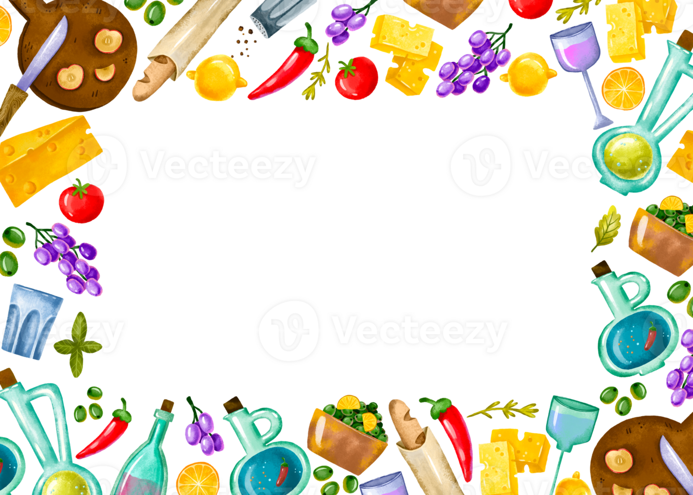 Frame horizontal with ingredients for restaurant, food and prepared dishes. Menu and food. Isolated background png