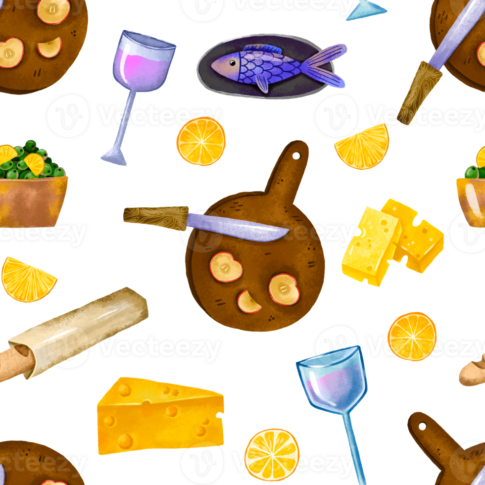Seamless pattern with food. Delicious dishes with fish, cheese, apples. Dinner. Background for restaurants and design, decor png