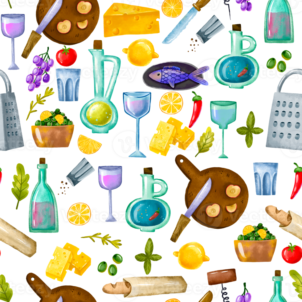 Seamless pattern with food. Delicious cooked dishes and ingredients. Dinner and lunch. Background for restaurants and design, decor png
