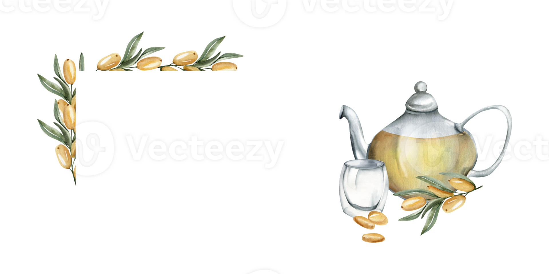 Sea buckthorn hot tea in glass kettle, cup and branches decor in watercolor banner. Hand drawn frame, beverage for health, autumn drinking painting for seasonal menu, restaurant, label design png