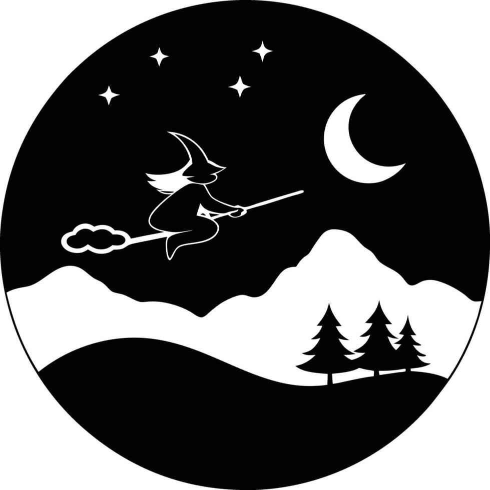 A Silhouette of a Witch Flying Across the Night Sky, Black and White Halloween vector